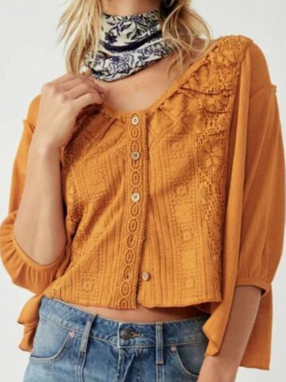 Free People Mae Embroidered Lace Button Down Top Rust Orange Medium